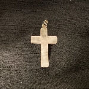 Pink Clear Quartz Cross Pendant Silver Bezel Setting Religious Charm Jewelry